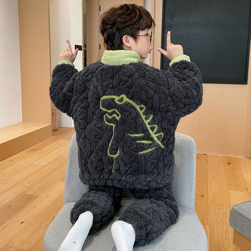 YUZHAOLIN/俞兆林三层夹棉男童珊瑚绒卡通冬季时尚保暖睡衣两件套