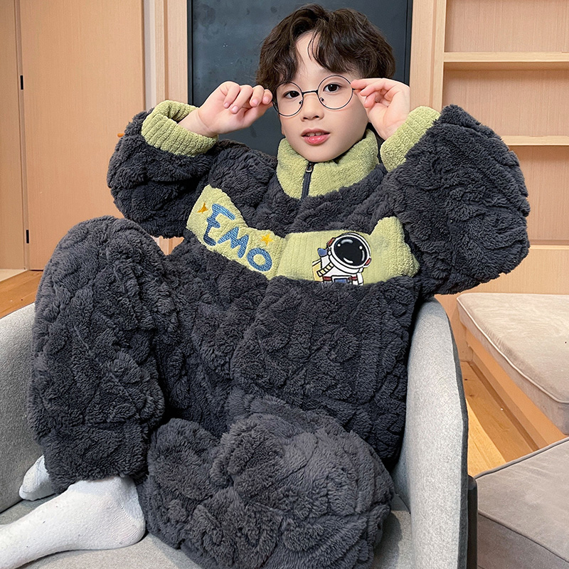 YUZHAOLIN/俞兆林男童珊瑚绒冬季三层夹棉立领拉链款居家睡衣套装