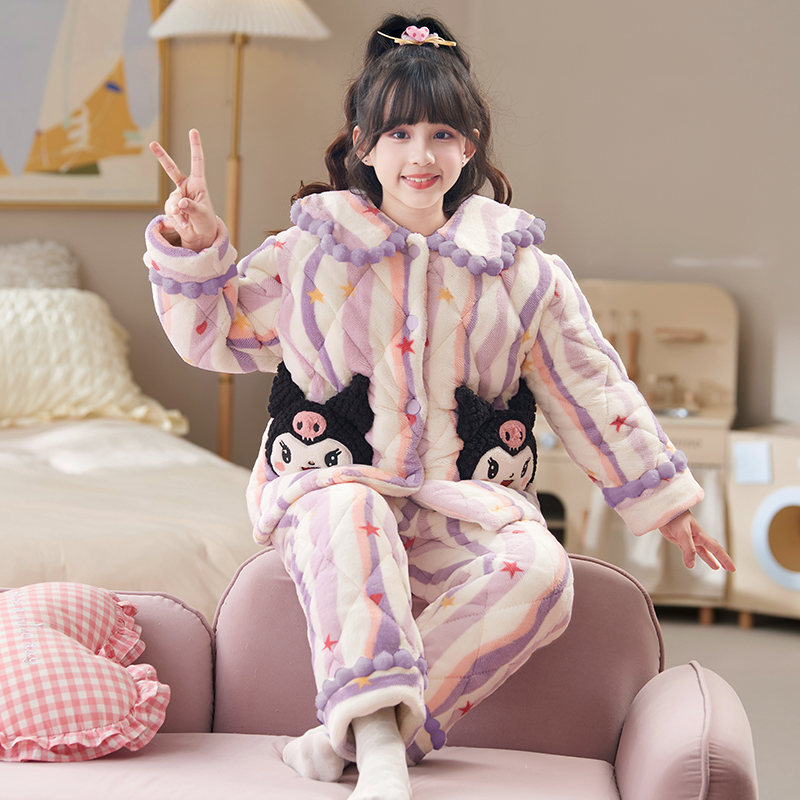 YUZHAOLIN/俞兆林小女孩加厚款法兰绒三层夹棉睡衣儿童公主风套装