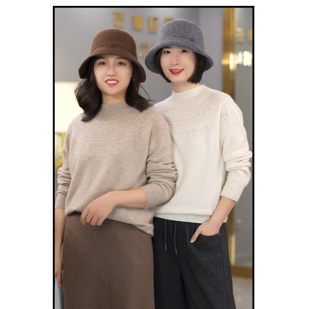 G 24秋冬弧形钩花半领羊绒衫