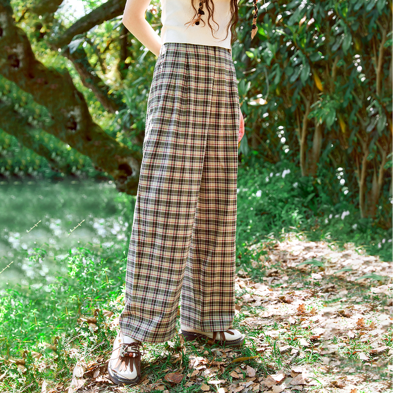 【千颂妮专享】菀壹2024年秋新款减龄格子垂感阔腿裤长裤K21802331