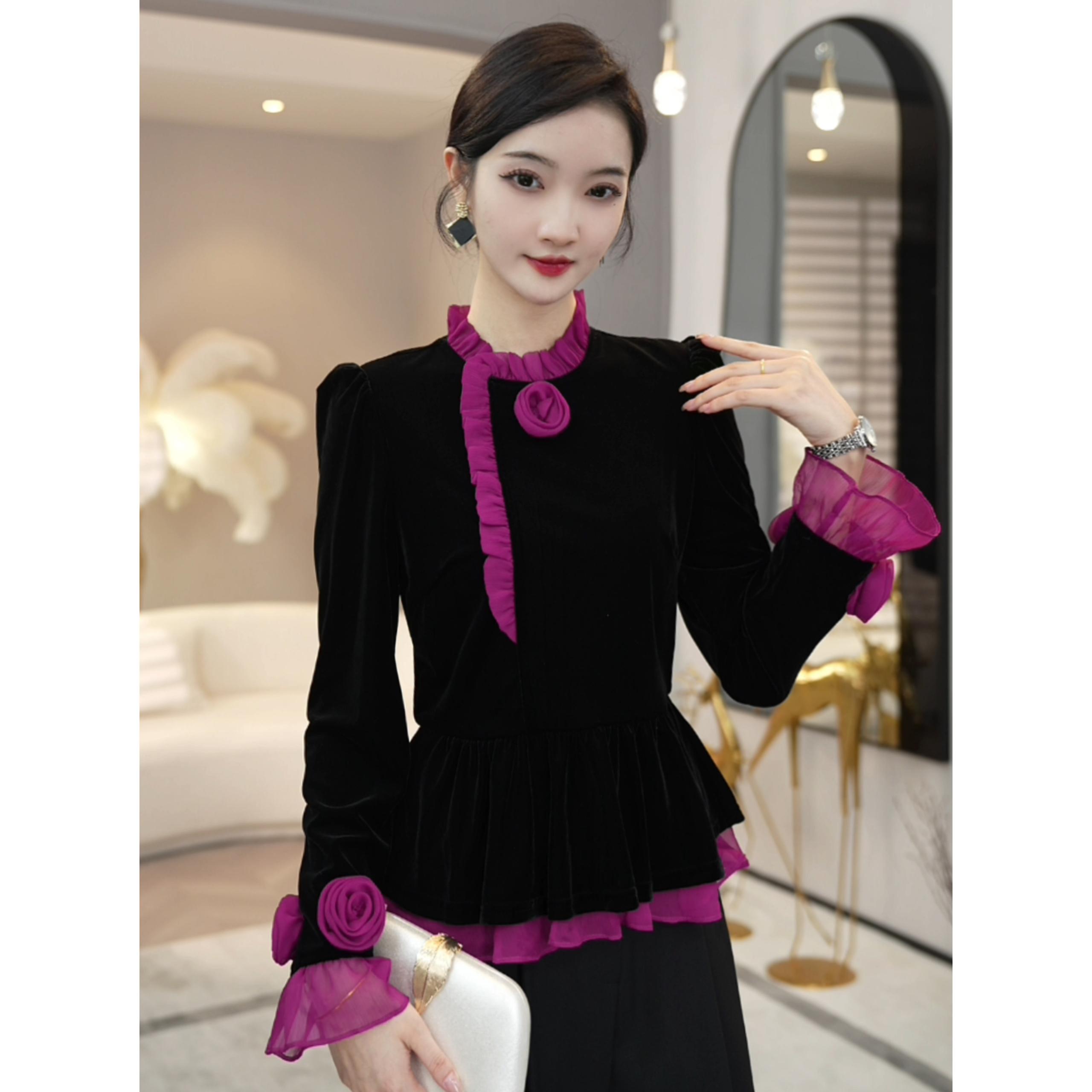 现货2026秋季新款【ZM23-Q165-1】轻奢丝绒百搭时尚显瘦黑色上衣