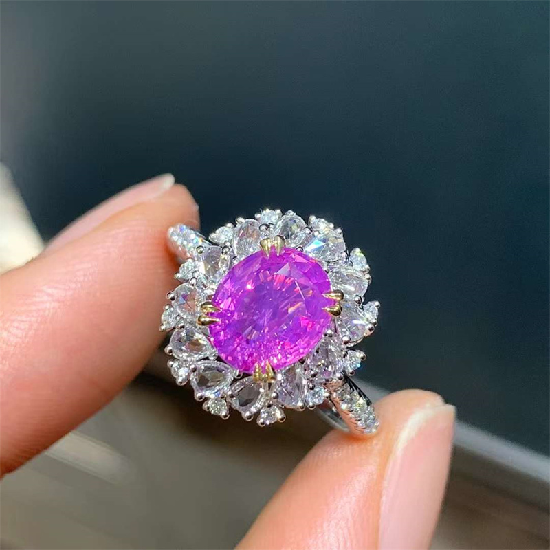 禧上珠宝 18k金镶嵌高品质2.02ct无烧紫粉色蓝宝石戒指 甜美梦幻