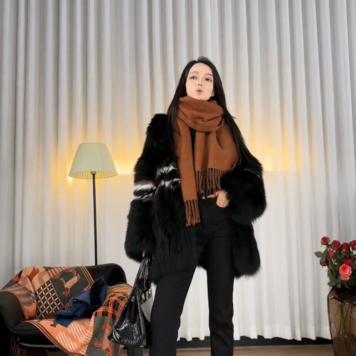 【黑白条】洋气时髦显瘦狐狸毛外套新