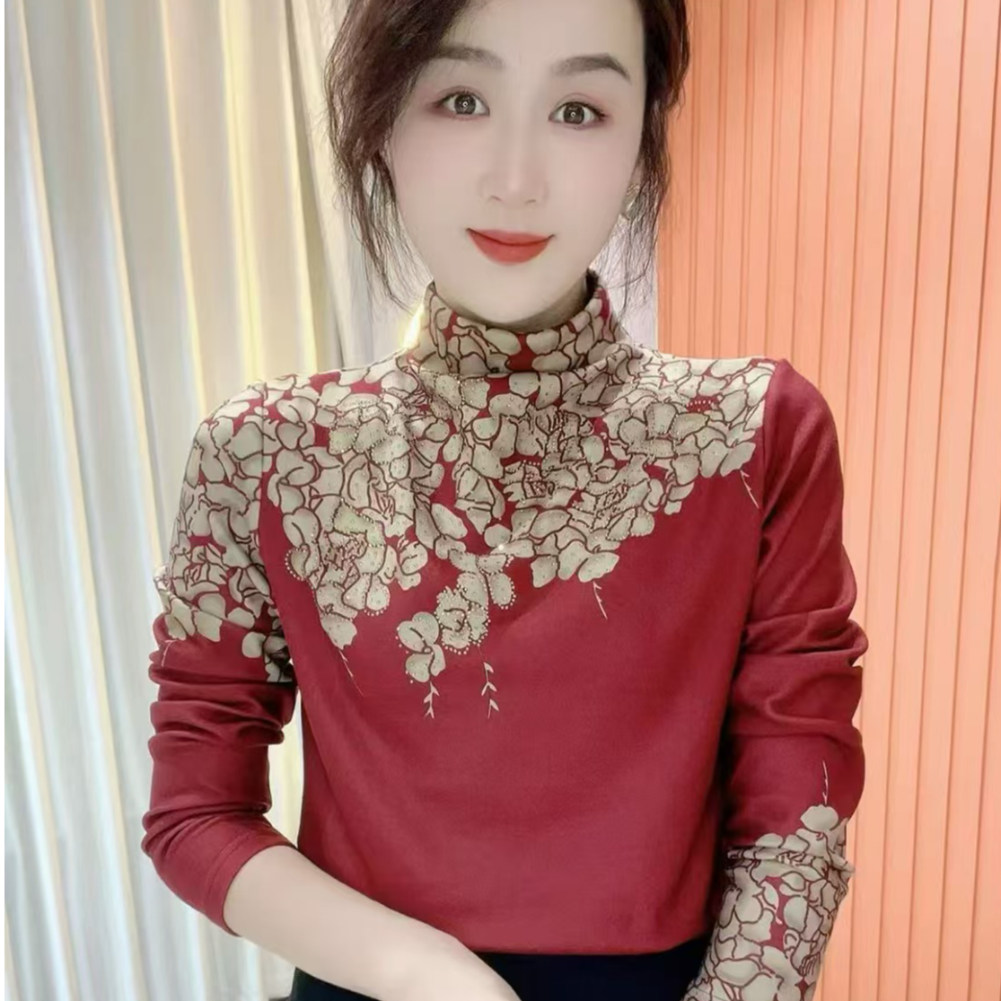 2024冬季时尚加绒半高领减龄长袖打底衫女士显瘦上衣