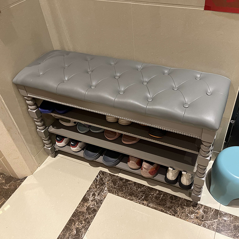 真皮玄关三层换鞋凳美式实木家用欧式可坐式多功能鞋架穿鞋凳网红
