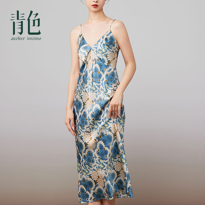 atelier intimo/青色【度假系列吊带长裙】桑蚕丝印花显瘦气质睡裙