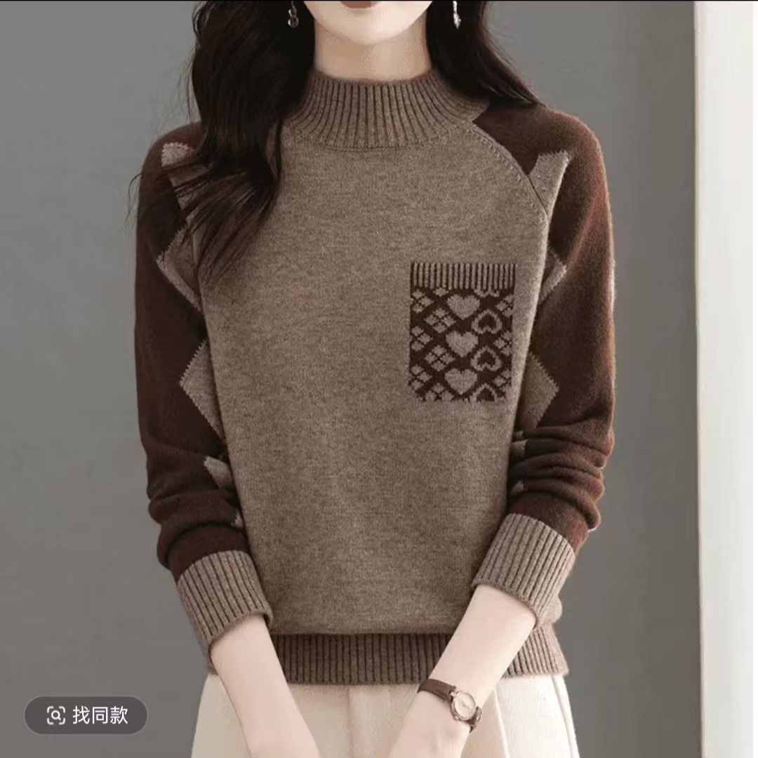 G【卡布奇洛】2024秋冬加厚长袖半高领拼接提花撞色套头针织衫毛衣