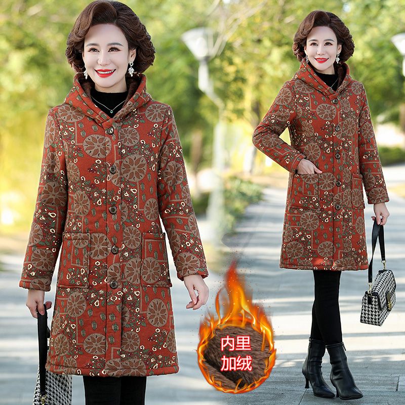 啄木鸟妈妈棉衣冬新款洋气中长款加绒加厚棉服外套中老年女大码棉