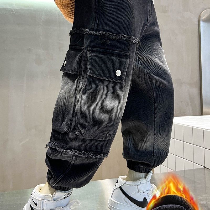 男童冬装2023儿童长裤牛仔工装裤新款中大童男孩帅气秋冬裤子宽松