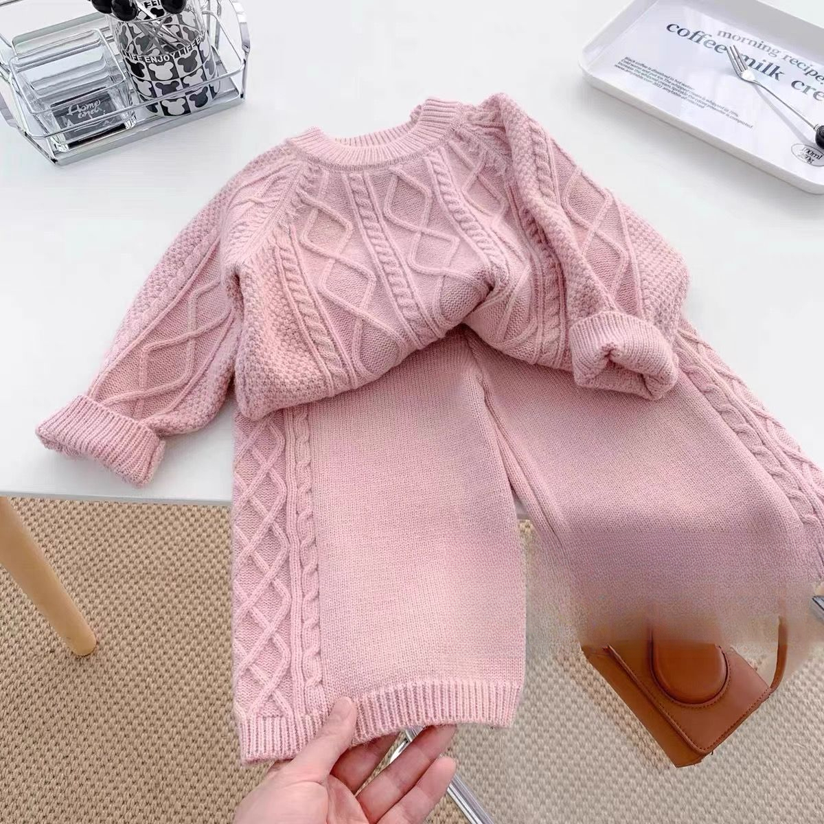 韩版童装秋冬洋气新款女童复古气质时尚纯色针织毛衣毛线裤套装潮