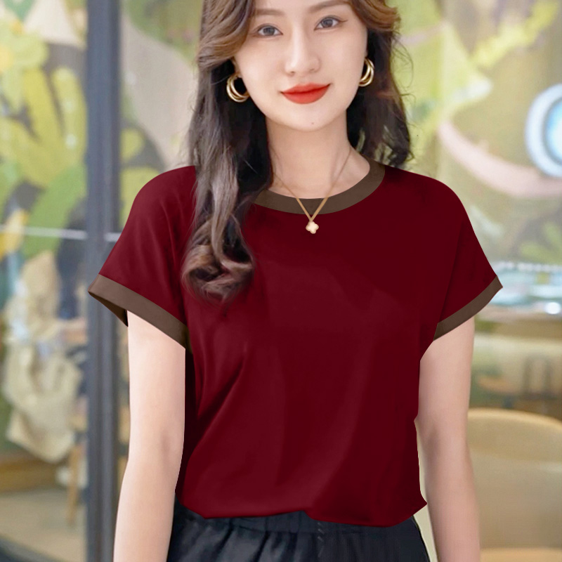 夏季显瘦纯色时尚气质圆领女士t恤2025年春夏季百搭短袖螺纹打底