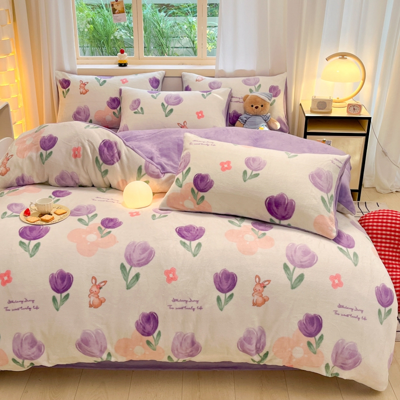 新款加厚款A类小清新牛奶绒四件套加厚双面绒冬季印花保暖柔软