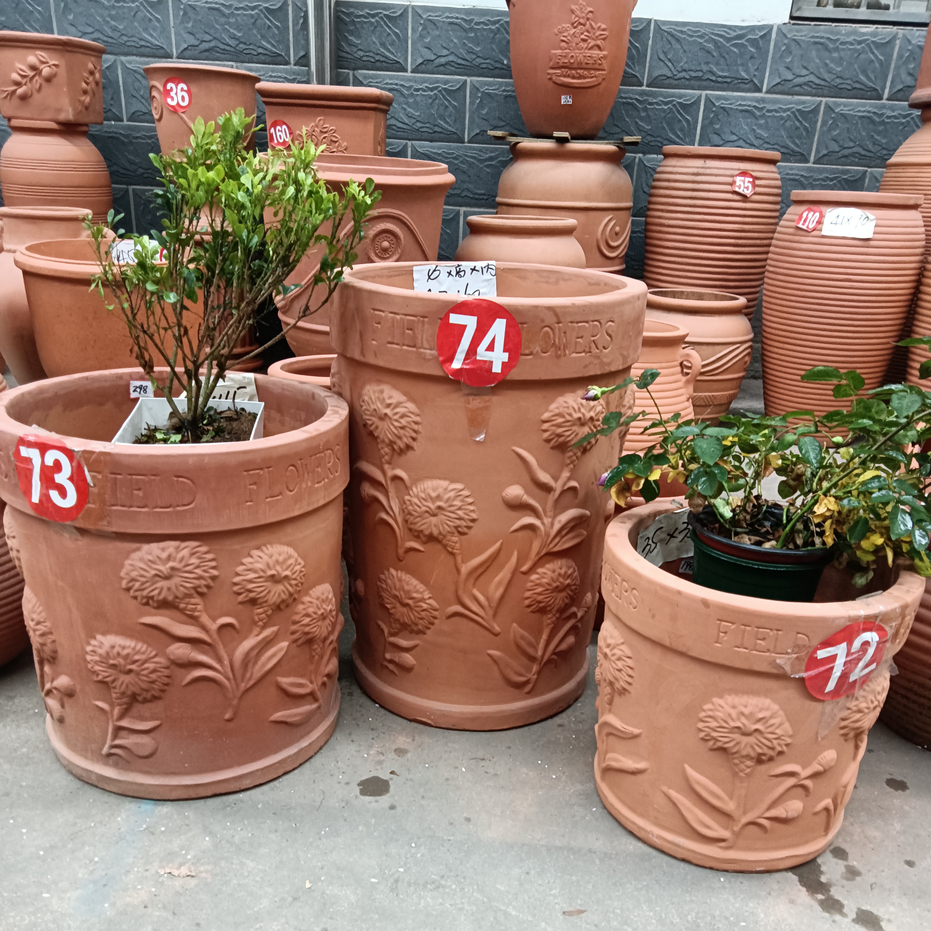 圆柱形康乃馨三件套组合手工红陶花盆 园林景观陶盆 陶罐粗陶花盆