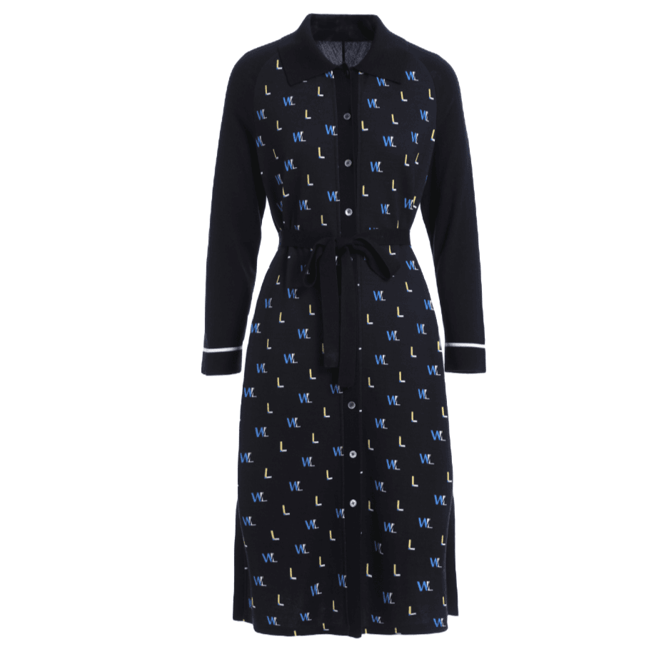 L·W/画而诗春季新款翻领针织印花拼接气质长袖时尚连衣裙LBB95016