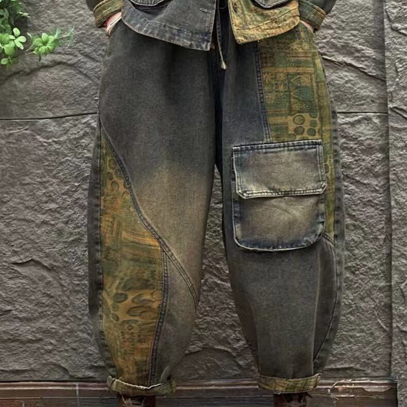 【铃铃】秋款炒色做旧宽松蝴蝶盘扣软牛仔裤（腰围115臀围150裤长94）