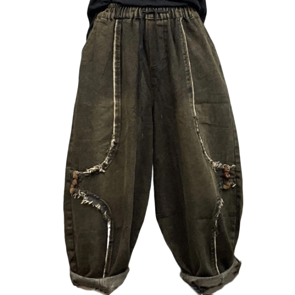 【铃铃】秋款炒色水洗宽松大版毛边盘扣牛仔裤腰围106臀围145裤长89