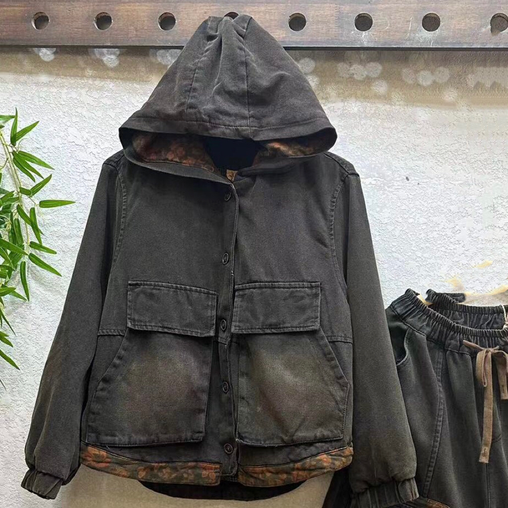 【铃铃】冬款加厚炒色夹棉宽松底边拼花布软牛仔棉袄胸围136衣长63