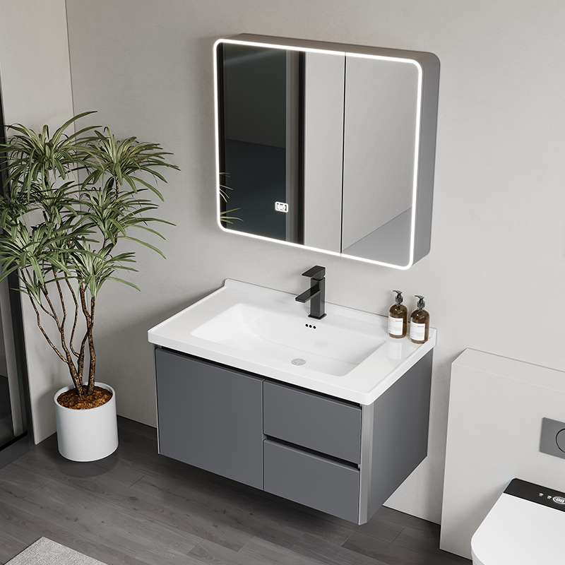 深灰双抽屉蜂窝铝防水浴室柜卫生间陶瓷盆卫浴柜盆柜盆升级全封镜