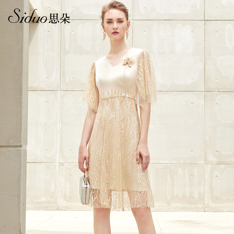 〖苏希礼〗定制连衣裙端庄优雅香槟色V领晚宴蕾丝缎面礼裙S21154