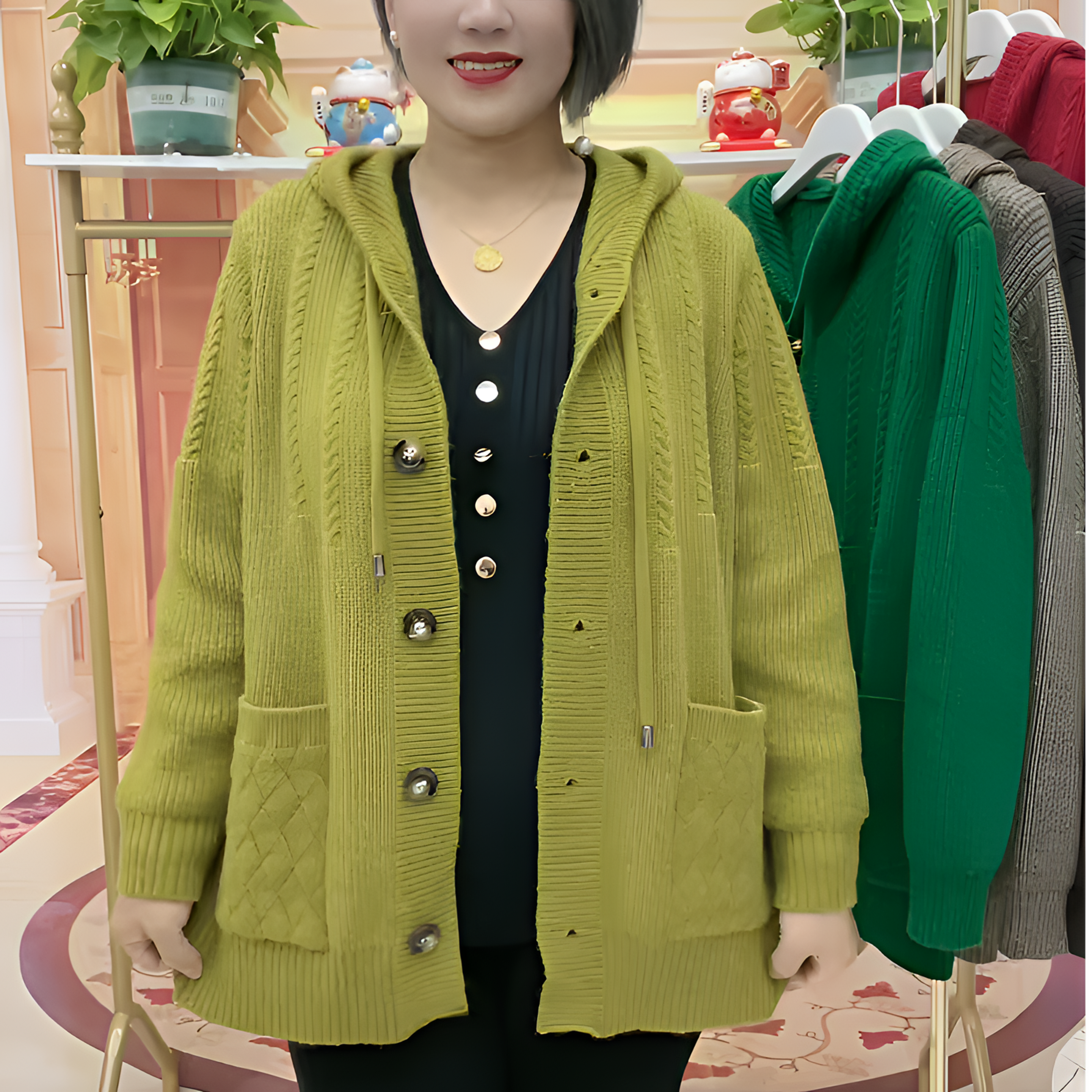 2024高档韩版小众感针织上衣新款妈妈装双兜连帽开衫外搭毛衣外套