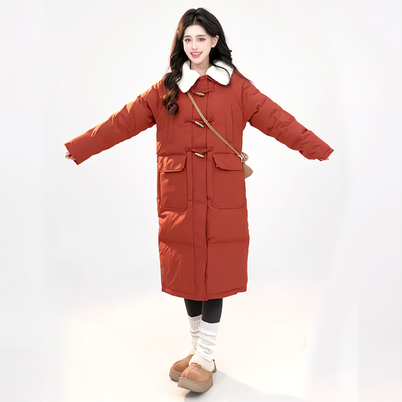 网红2025新款牛角扣羊羔毛领加厚安哥拉红中长款棉衣国风保暖外套