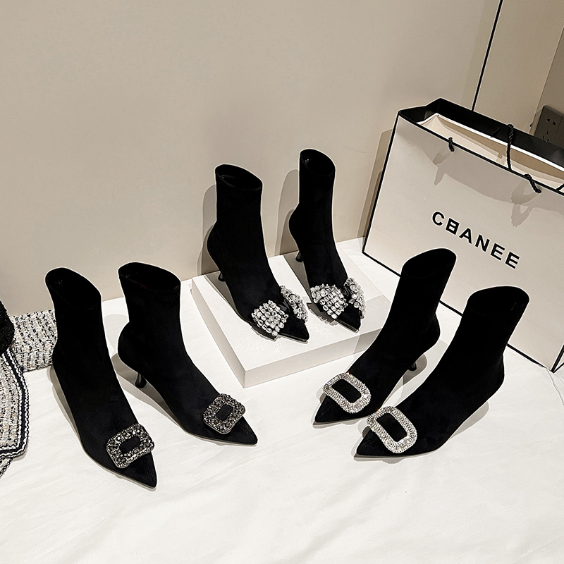 高跟瘦瘦靴女秋冬新款法式水钻扣气质细跟尖头弹力袜子靴小众个性