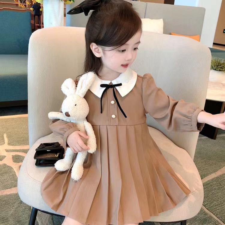 巴拉女童连衣裙春秋洋气时髦长袖裙子纯色新款童装女儿童宝宝秋装