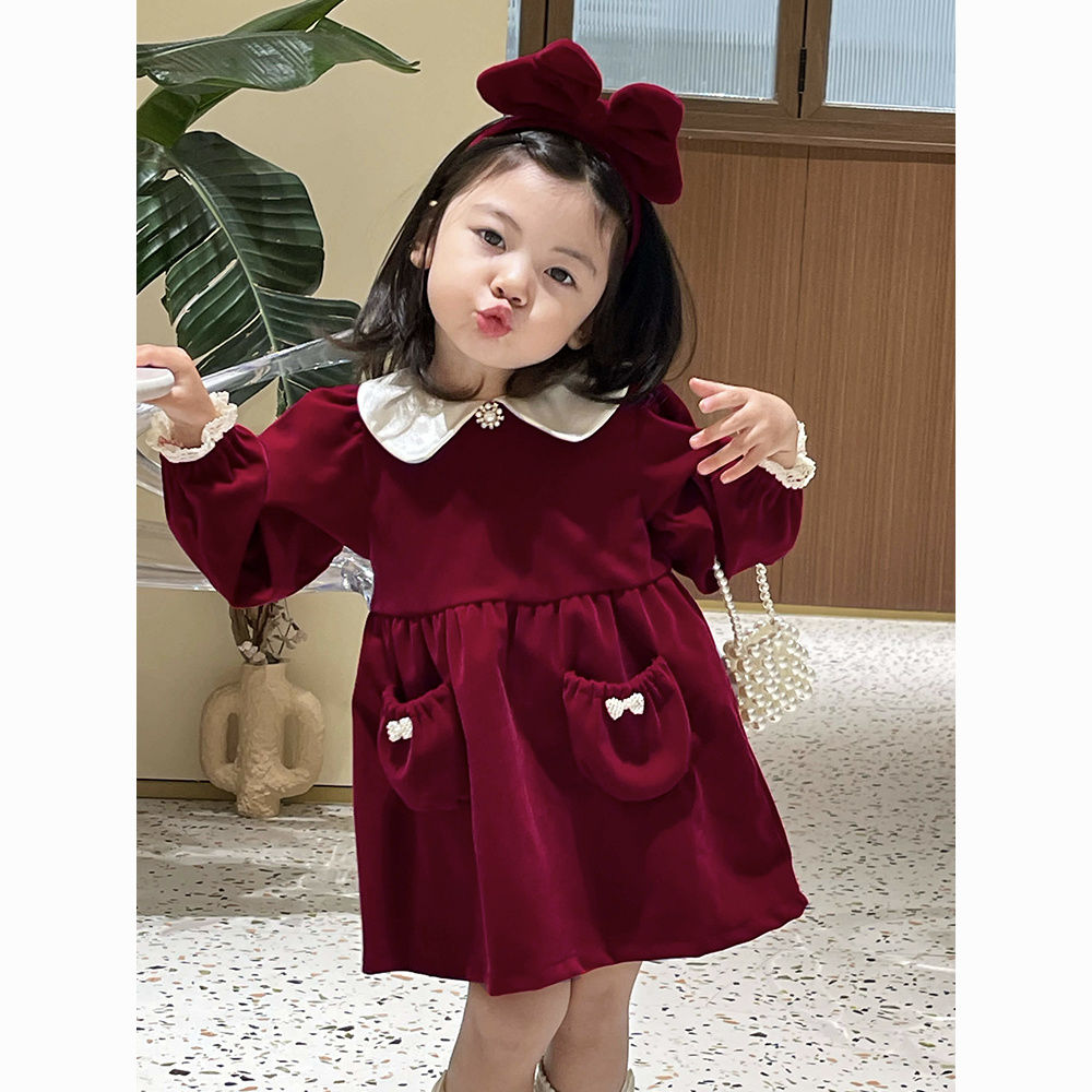巴拉女童秋冬新款丝绒连衣裙周岁女宝宝礼服公主裙洋气儿童生日丝