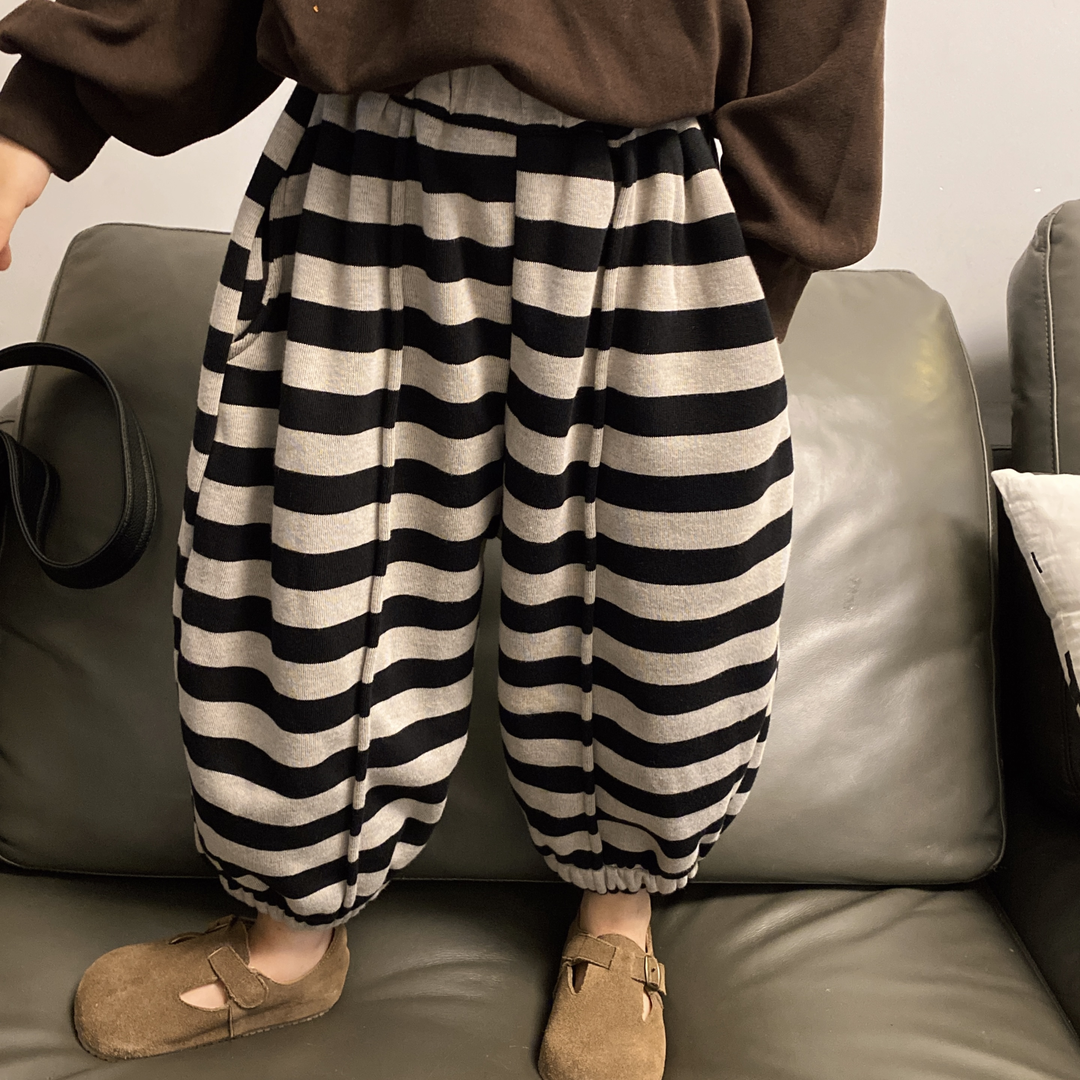 巴拉男女童韩版秋冬新款加厚条纹裤中小童宽松裤子儿童休闲长裤潮