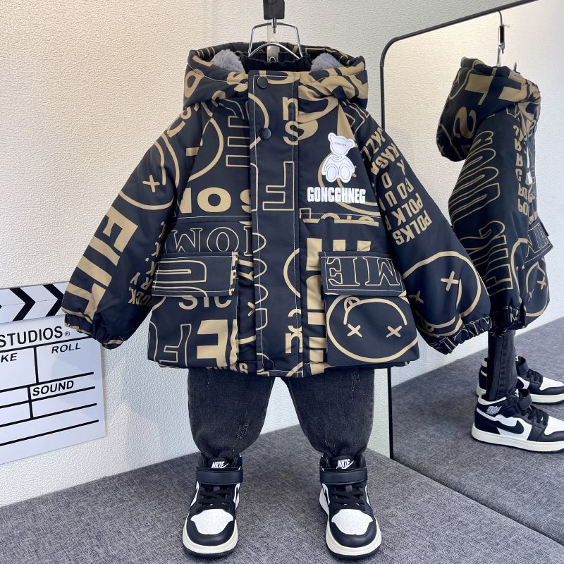 巴拉男童加绒派克服2023新款洋气男孩宝棉袄衣服儿童秋冬装加厚外