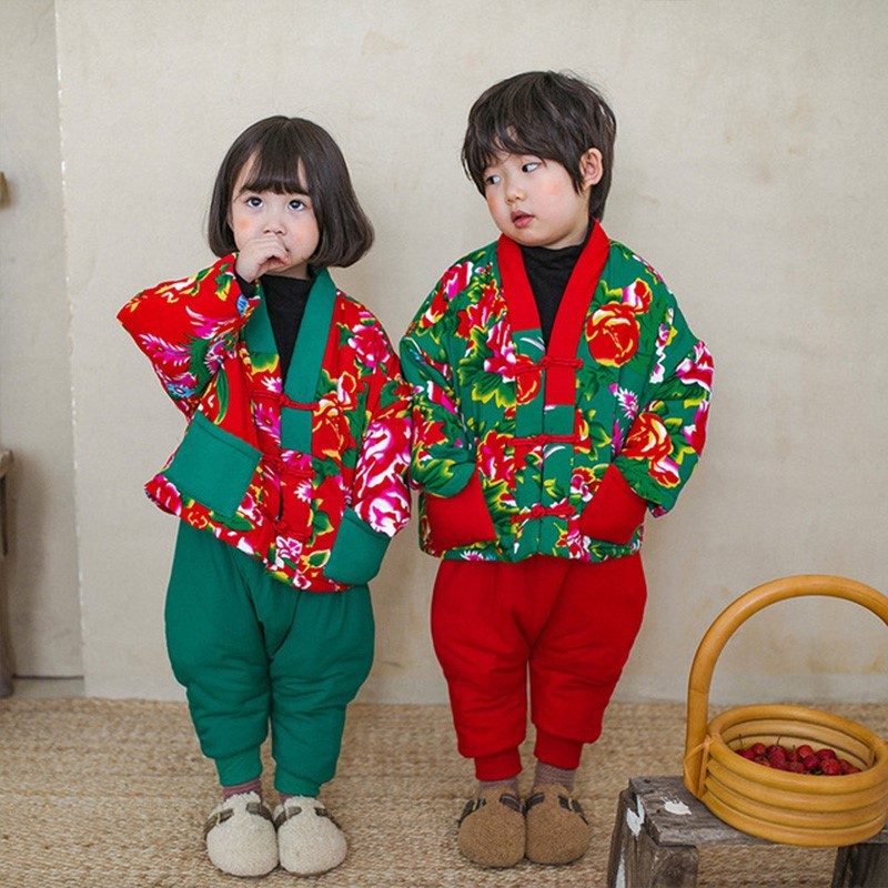 亲子元旦花棉袄东北拜年服儿童宝宝女童碎花棉服加厚冬款男童喜庆