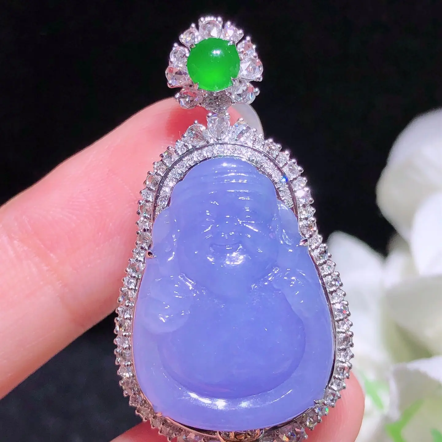 天然缅料A货翡翠紫罗兰财神爷吊坠18K金镶钻