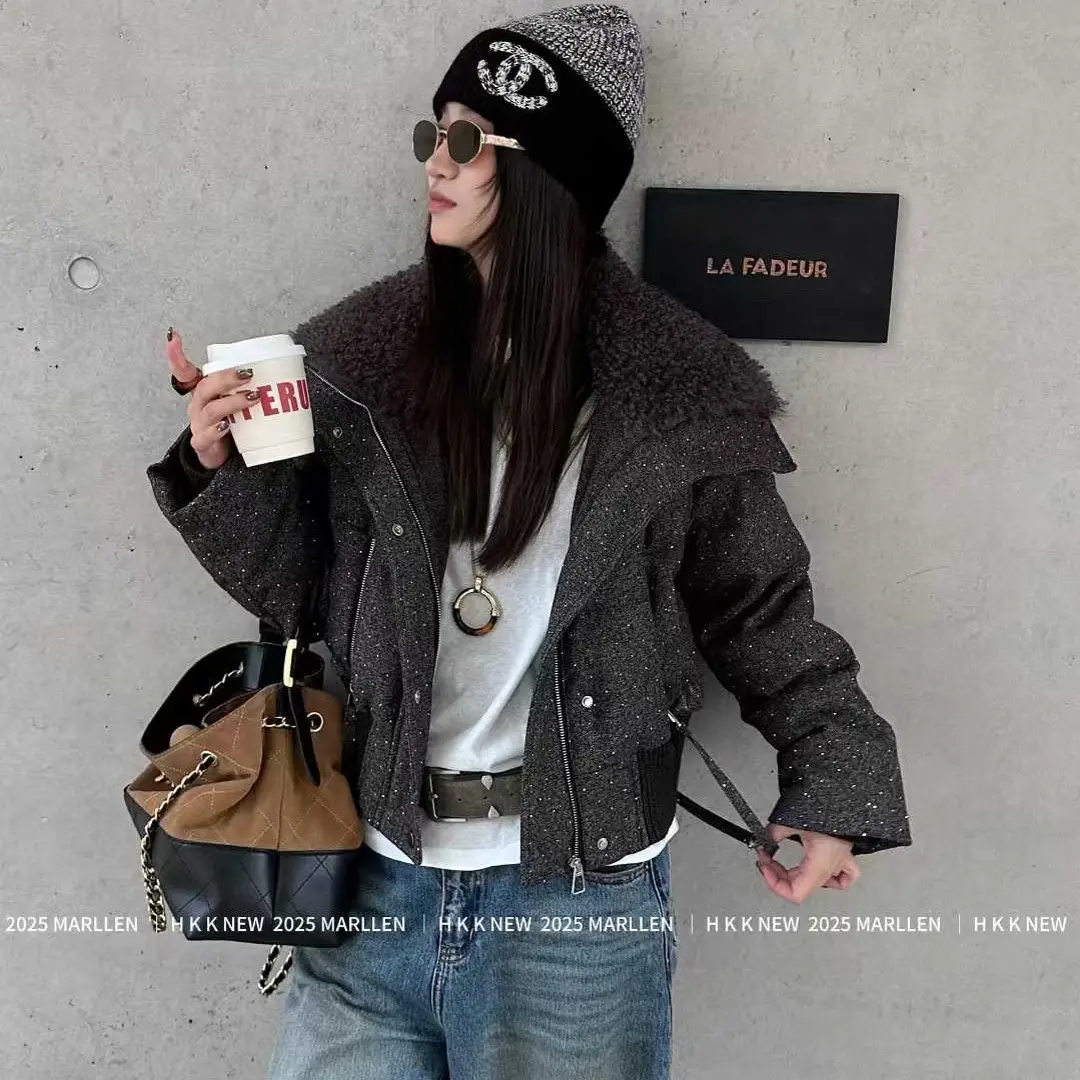 冬季女士毛毛拼接翻领时尚保暖羽绒服