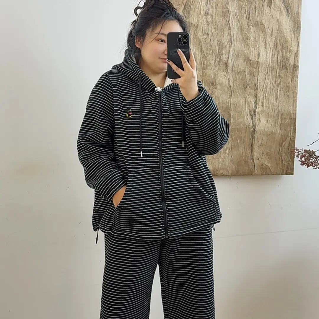 大码条纹连帽加厚冬季可外穿家居服套装韩版宽松保暖休闲女