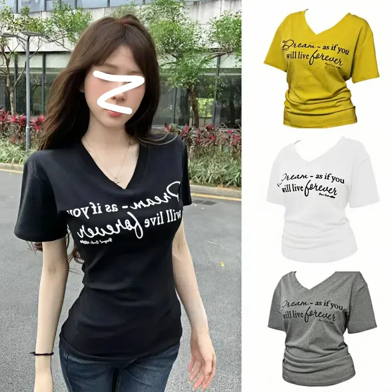 微胖mm设计感字母短袖T恤女夏2025新款显瘦遮肉辣妹V领修身上衣