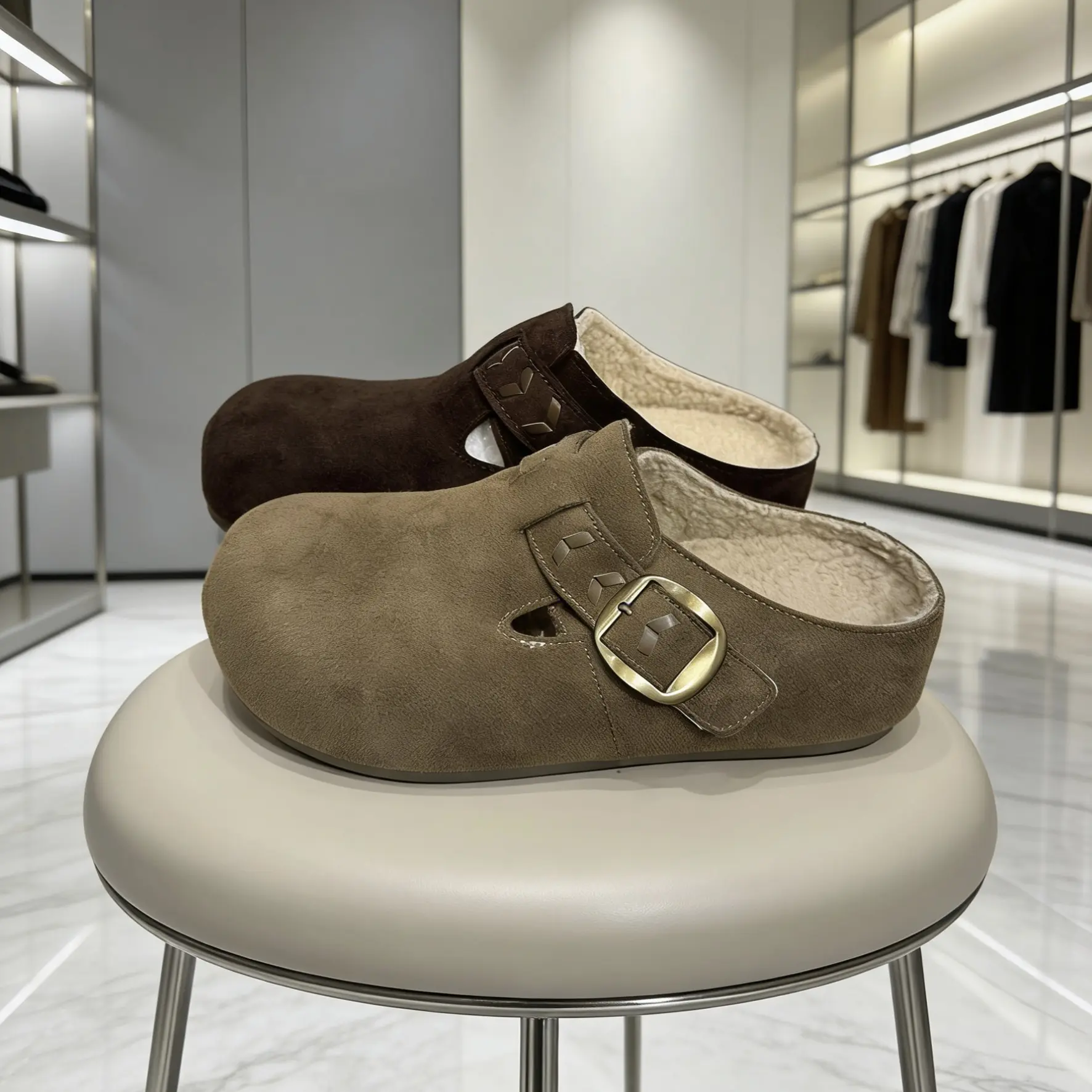 复古厚底内增高加绒勃肯包头半拖鞋女秋冬新款外穿保暖毛毛鞋潮