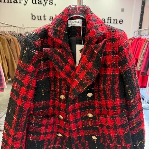 秋冬新款红色英伦格子小香风双排扣中长款修身西装外套