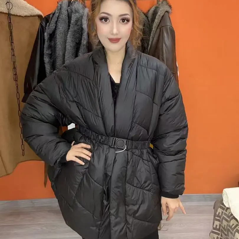 V领系带收腰显瘦加厚女冬季时尚气质外套女士中长款