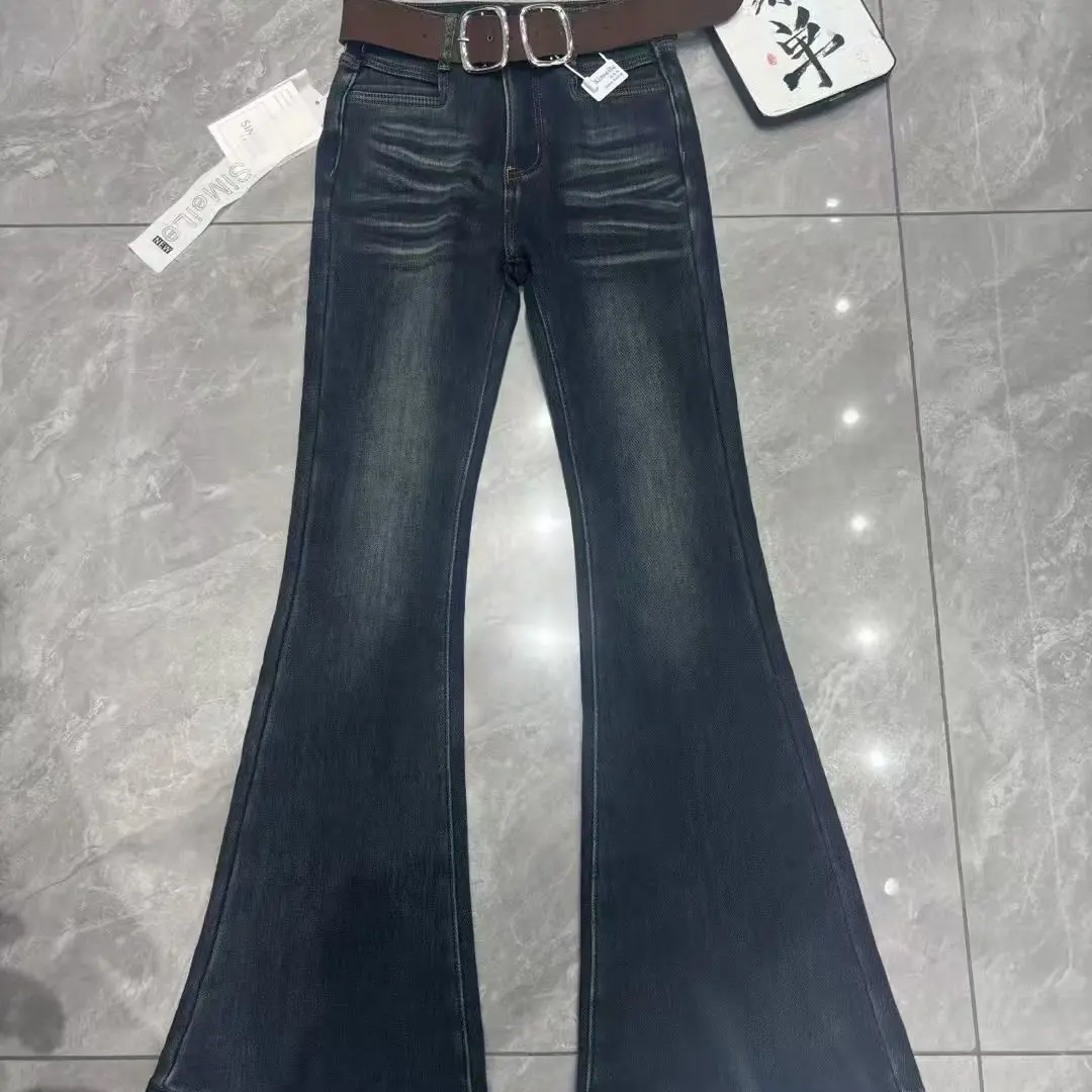 秋冬加绒加厚高腰微喇牛仔裤弹力显瘦百搭长裤