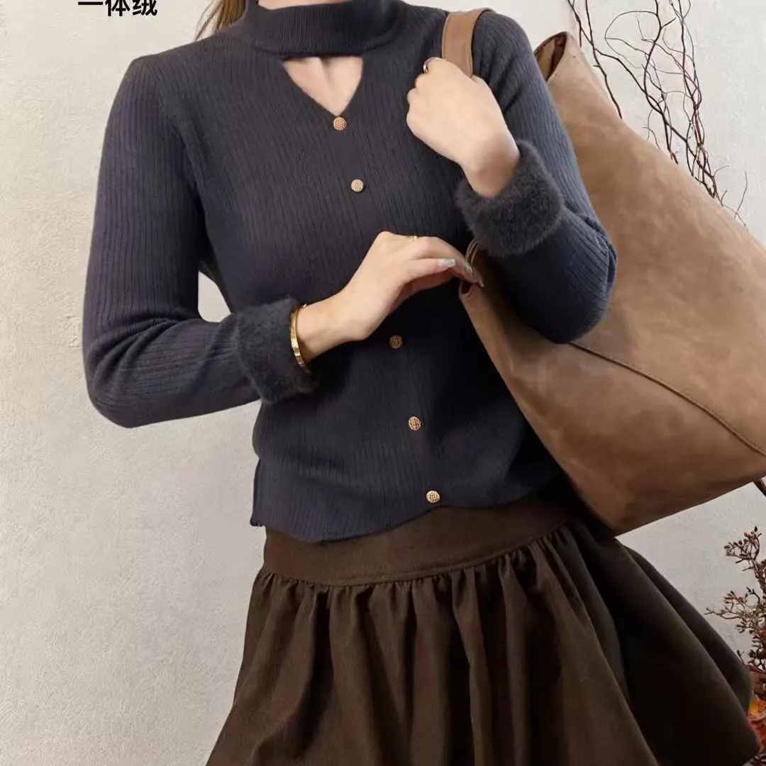 9280（一体绒）秋冬新款女士一体加绒半高领显瘦针织衫内搭上衣