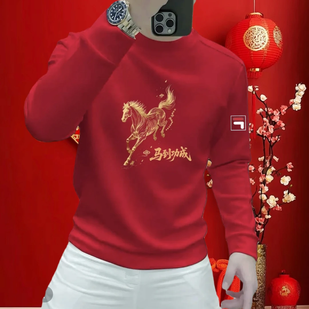 马年男士卫衣红色本命马到功成印花圆领加绒防寒保暖爆款百搭上衣