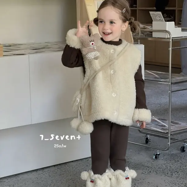 7seven深秋加绒女童马夹打底衫咖色打底裤套装韩版洋气保暖