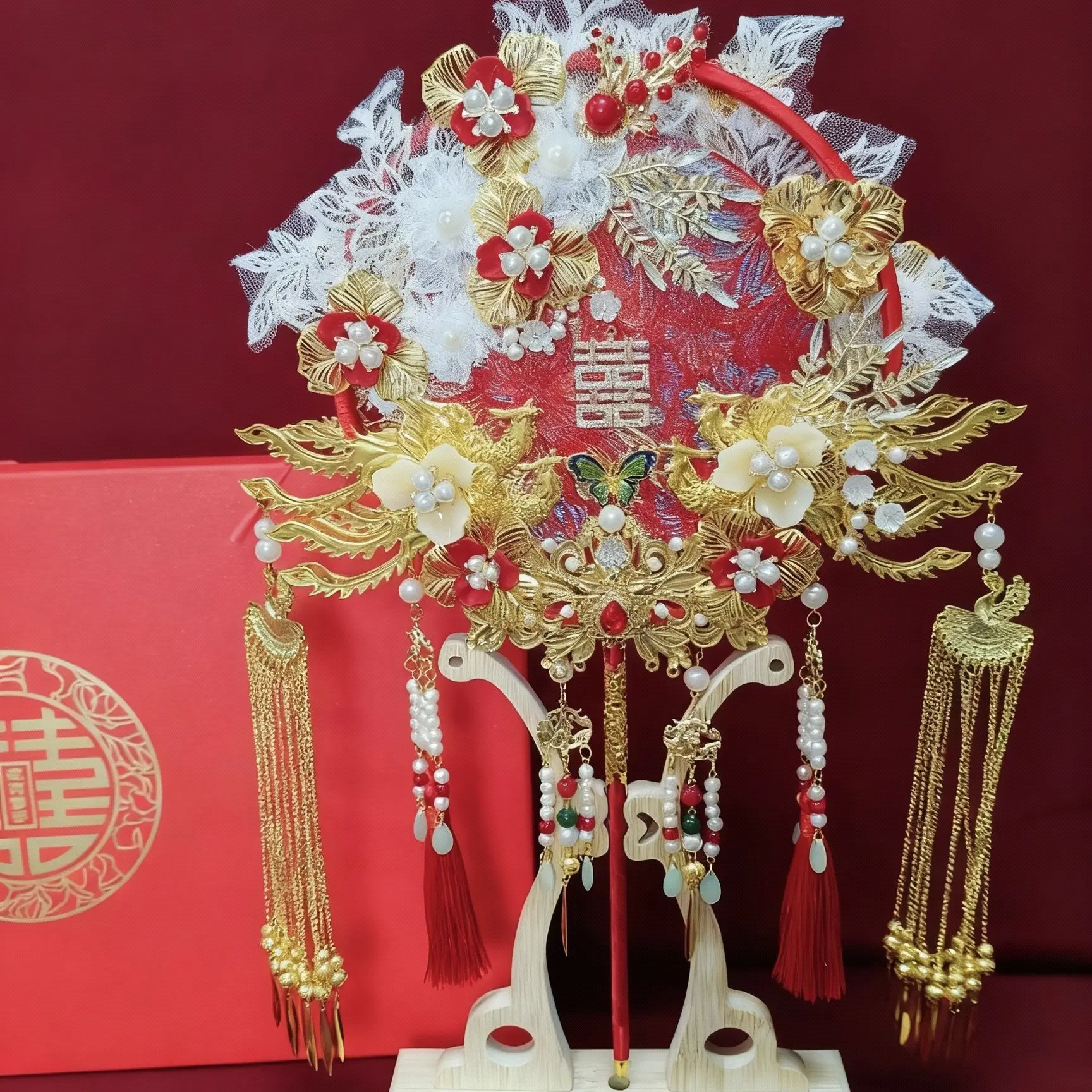 新娘喜扇团扇双面结婚配秀禾中式成品手工diy材料包送闺蜜朋友