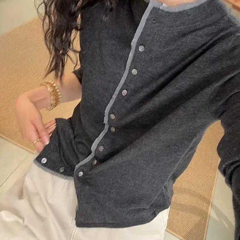 77208-纯色拼接女春秋立领薄款毛针织衫长袖时尚