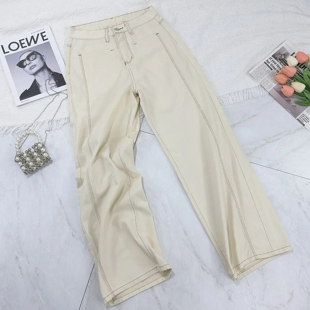 【微瑕】QH-A06白色窄版阔腿牛仔裤高腰宽松复古拖地直筒裤