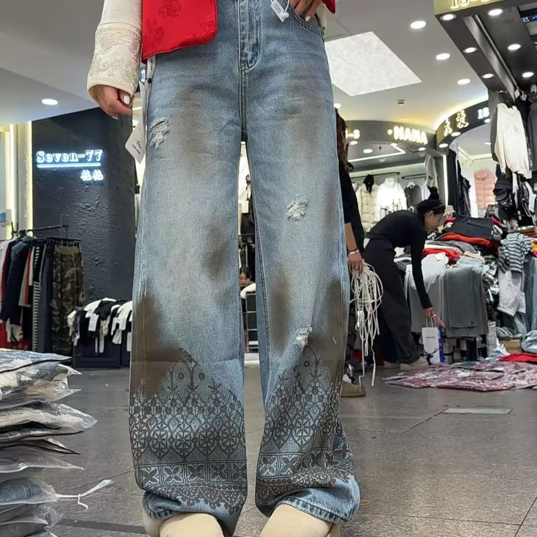 2025新款做旧宽松阔腿牛仔裤女高腰显瘦
