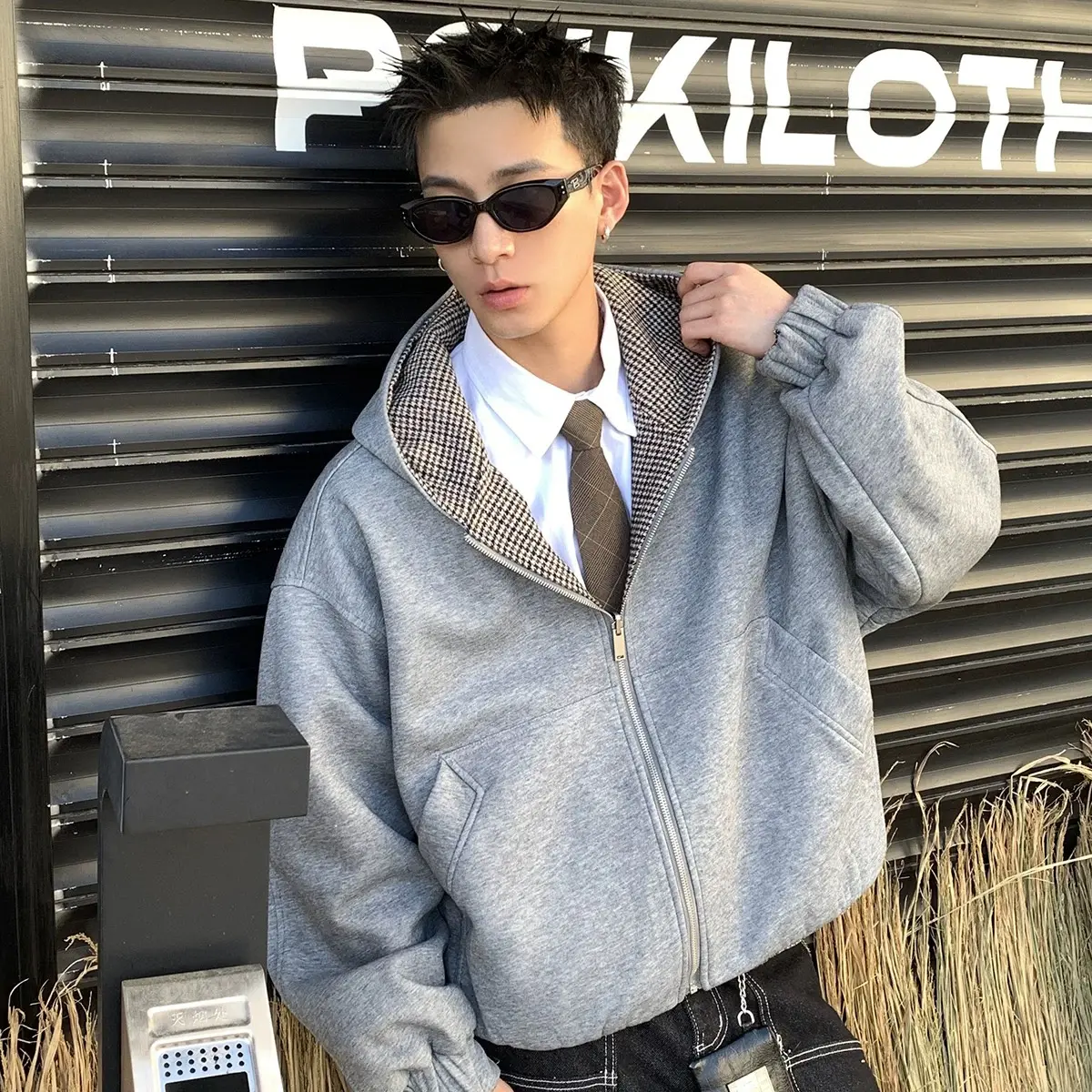 「千鸟格纹 双面穿廓形」美式连帽卫衣高级miu系夹克外套