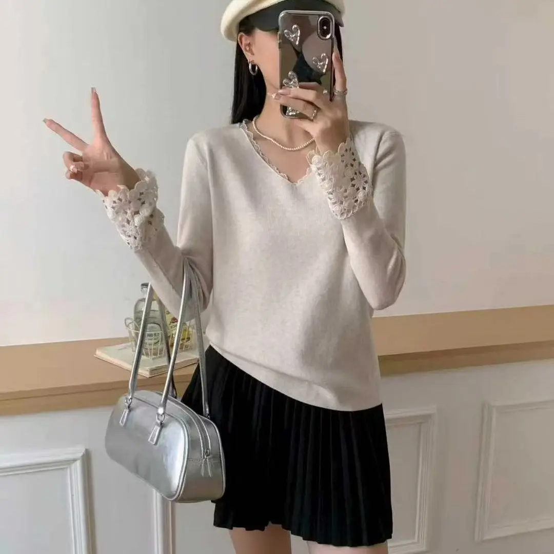 毛针织衫秋冬拼接V领针织衫薄款气质女针织2025镂空