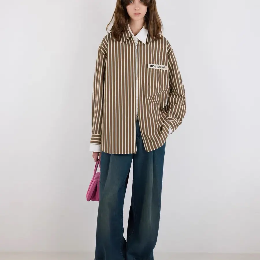 薇薏蔻~秋新款户外运动复古条纹拉链衬衫